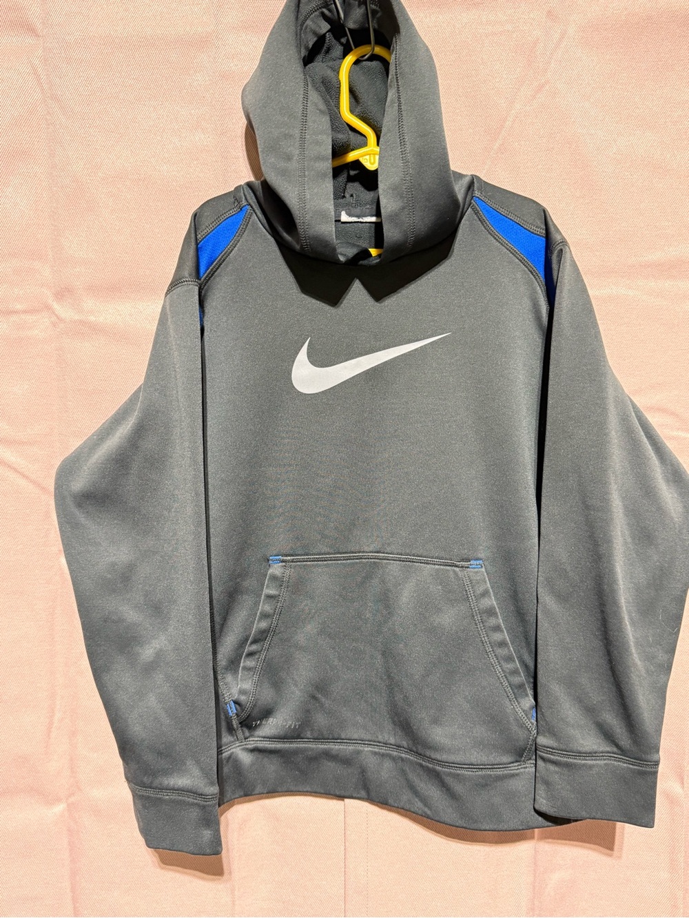 Kids Nike Gray Hoodie with White Swoosh and Blue Shoulder Accents M